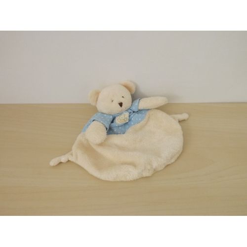 Doudou Ours Blanc Bleu Pommette