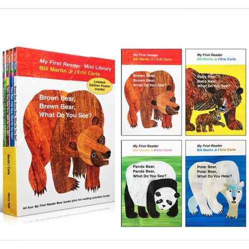 Livre D'apprentissage De L'anglais Pour Enfants, Mini Bibliothèque Mon Premier Lecteur: Ours Brun, Panda, Bébé, Ours Polaire, Qu'est-Ce Que Vous Voyez? Eric Carle, 4 Pièces