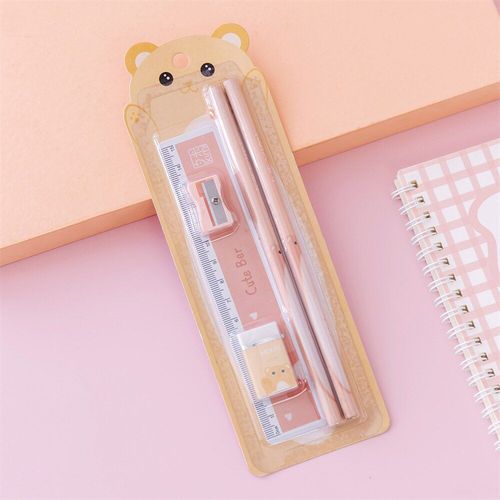 Ensemble De Crayons Ours De Dessin Animé Kawaii, 5 Pièces/Ensemble, Avec Gomme, Règle, Affûteur, Papeterie Mignon, Cadeau Pour Enfants, Fournitures Scolaires