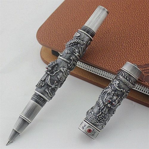 Stylo Roller Double Dragon Vintage Luxueux, Perle De Jeu, Ancienne Collection De Stylos Lourds En Métal Gris Pour Sculpture Et Gaufrage