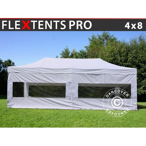 Tente Pliante Chapiteau Pliable Tonnelle Pliante Barnum Pliant Flextents Pro 4x8m Blanc, Avec 6 Cotés