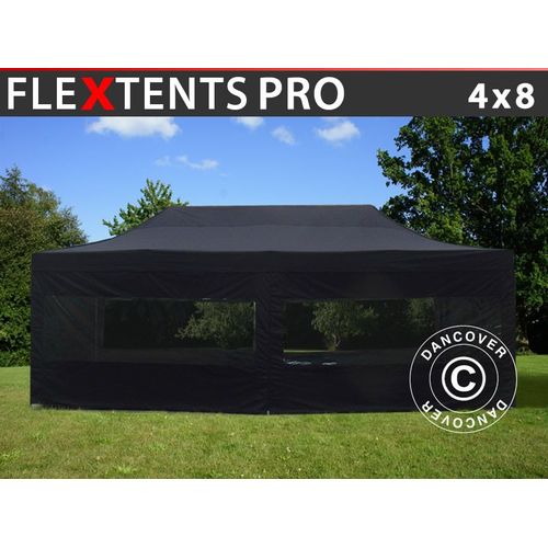 Tente Pliante Chapiteau Pliable Tonnelle Pliante Barnum Pliant Flextents Pro 4x8m Noir, Avec 6 Cotés