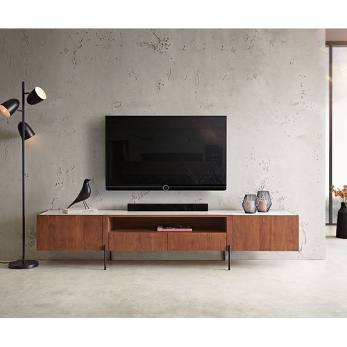 Meuble-Tv Secara Acacia Marron 220 Cm 2 Portes 2 Tiroirs Marbre Pieds Noirs Buffet-Bas