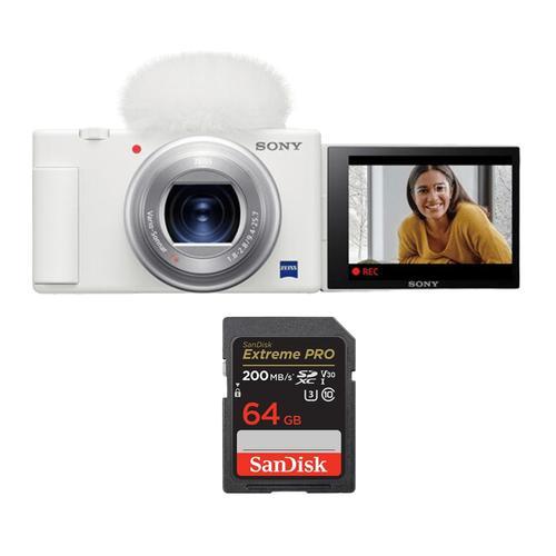Sony ZV-1 Caméra Blanc+SanDisk 64 Go Extreme Pro SDXC UHS-I U3 V30 4K 200 Mo/s