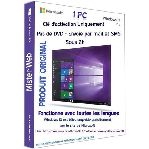 Clé Licence D'activation De Windows 10 Pro Clé Original Pas De Cd À Télécharger Le Code Après Paiement Envoie Par Mail Et Sms