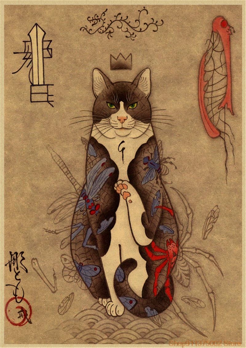 Tatouage De Chat Samourai Japonais Affiche Kraft D Art Mural Retro Affiches De Peinture De Decoration De Salon Et De Chambre A Coucher Rakuten