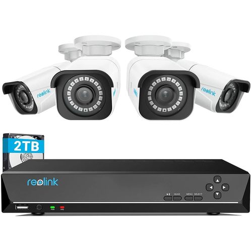 4K Systeme Camera PoE Securite H.265 Reolink 4pcs 8MP Camera IP Filaire Exterieure, Detection Personne/Vehicule, 8CH NVR avec 2To HDD pour Enregistrement 24/7, Vision Nocturne et Audio, RLK8-800B4-A