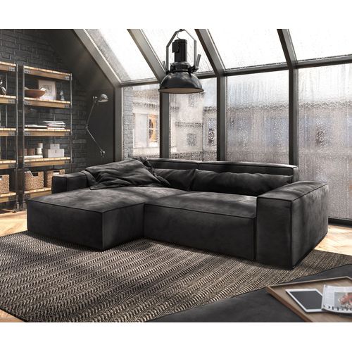 Canapé-D'angle Sirpio Xl Microfibre Noir 270x175 Cm Recamière Variable Avec Pouf