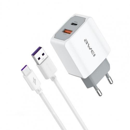 Awei Pd4 Chargeur De Téléphone Portable À Charge Rapide, Prise Ue Qc3.0 Pd 20w Usb C Avec Câble De Données 5a Type-C Pour Huawei