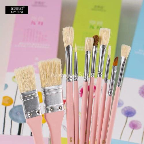 Lot De 10 Stylos Pour Peinture À L'huile De Gouache, Poils De Cochon, Poils De Loup En Nylon, Bleu, Rose Et Vert, Outil De Dessin, N8139