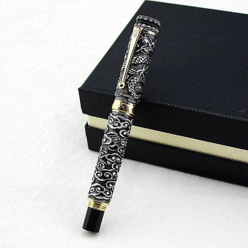 Stylo Roller Double Dragon Vintage Luxueux, Perle De Jeu, Ancienne Collection De Stylos Lourds En Métal Gris Pour Sculpture Et Gaufrage
