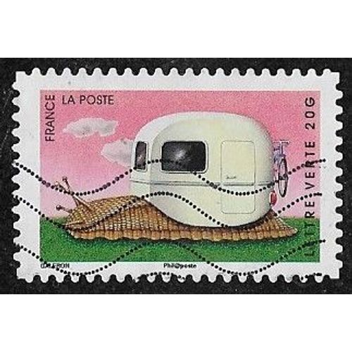 Timbre N°A.978 Y & T Lettre Verte 20g. "Sourires Vacances" Animaux Personnifiés En Vacances Escargot Portant Une Caravane À La Place De Sa Coquille