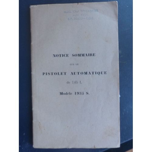 Notice Sommaire Sur Le Pistolet Automatique 7.65 Modele 1935 S