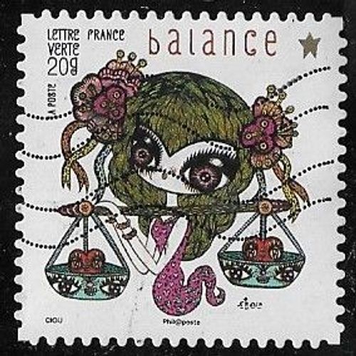 Timbre N°A.947 Y & T Lettre Verte 20g. Féerie Astrologie Animaux Du Zodiaque Stylisés Balance