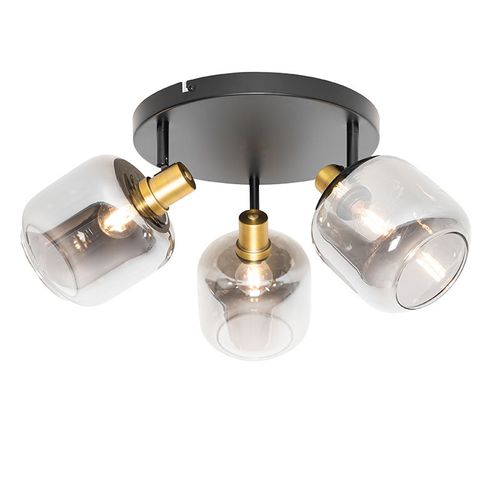 Qazqa Moderne Plafondplafonnier Spot Zwart Met Goud Met Smoke Glas 3-Lichts - Zuzanna Verre /Acier Gris,Dorã©/Laiton,Noir Rond / Luminaire / Lumiere / ÃClairage / Intã©Rieur / Salon /...
