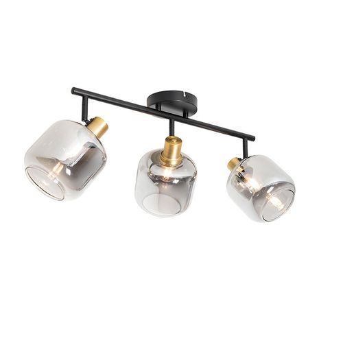 Qazqa Moderne Plafondplafonnier Spot Zwart Met Smoke Glas Langwerpig 3-Lichts - Zuzanna Verre /Acier Gris,Dorã©/Laiton,Noir Oblongue / Luminaire / Lumiere / ÃClairage / Intã©Rieur / Salon /...