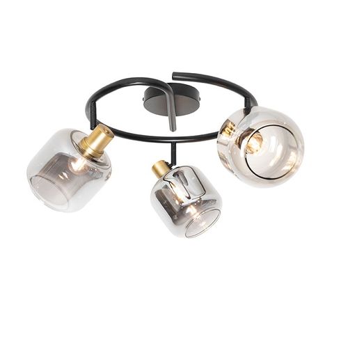 Qazqa Moderne Plafondplafonnier Spot Zwart Met Smoke Glas Rond 3-Lichts - Zuzanna Verre /Acier Gris,Dorã©/Laiton,Noir Rond / Luminaire / Lumiere / ÃClairage / Intã©Rieur / Salon / Cuisine...