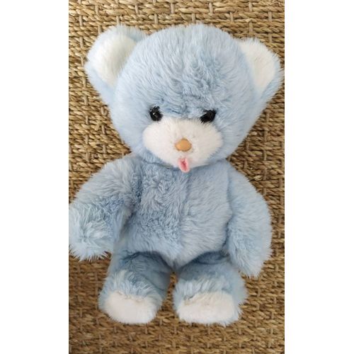 Doudou Vintage Ours En Peluche Bougom Bleu Et Blanc Langue Ruban H 21 Cm