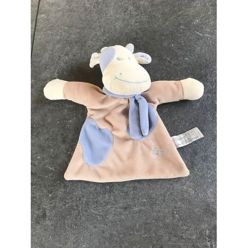 Tiamo Doudou Plat Vache Beige Marron Bleu Écharpe Grelot Security Blanket