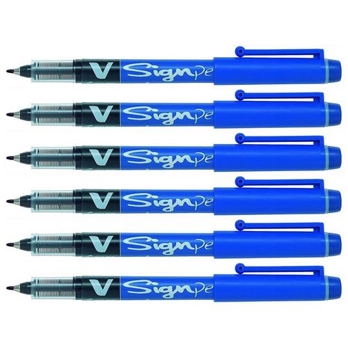 Pilot Lot De 6 Stylos Feutre V Sign Pen Pte Moyenne 0,6 Mm Bleu