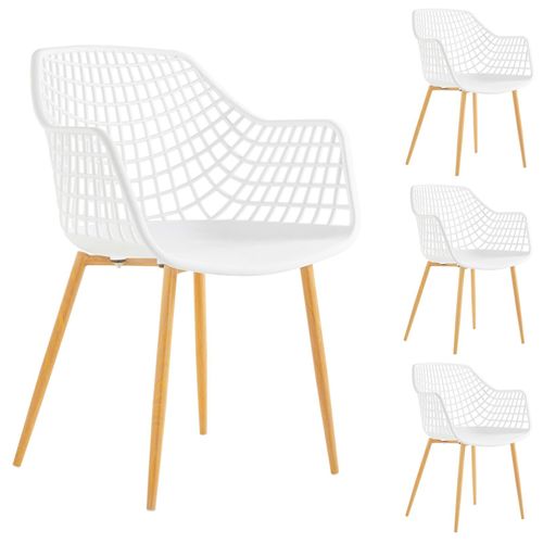 Lot De 4 Chaises Lucia Pour Salle À Mange Design Retro Avec Accoudoirs, Coque En Plastique Blanc Et Pieds En Métal Décor Chêne