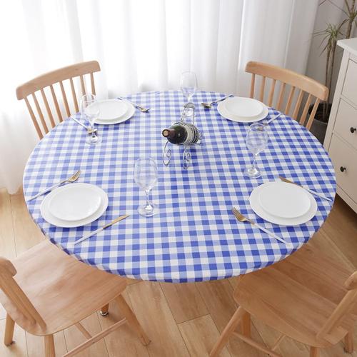 Couleur Bleu Blanc À Carreaux Taille 110-140cm Nappe De Table Ronde En Plastique Vinyle, Support En Flanelle, Bord Élastique Imperméable, Protection De Table Pour Salle À Mangerure De Table