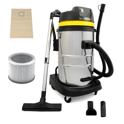 MAXBLAST Aspirateur Industriel de 60 Litres 1400W en Acier Inoxydable et Accessoires, Aspirateur Sec & Humide + Sac à poussière