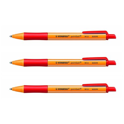 Stabilo Lot De 3 Stylos Bille Rétractable Pointball Tracé 0,5 Mm Rouge