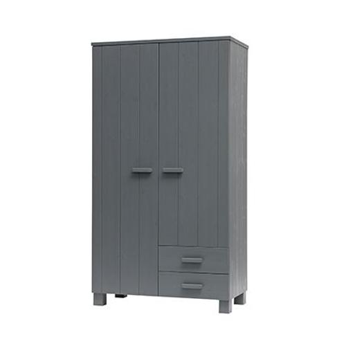 Armoire 2 Porte 2 Tiroirs 111x55x203 Cm En Pin Gris Foncé -Ridsa