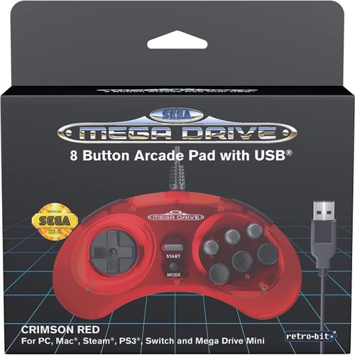 Retrobit - Sega Mega Drive Manette Crimson Red Filaire 8 Boutons - Connexion Usb