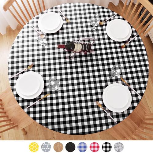 Couleur Noir Blanc Carreaux Taille 90-110cm Nappe De Table Ronde En Plastique Vinyle, Support En Flanelle, Bord Élastique Imperméable, Protection De Table Pour Salle À Mangerure De Table