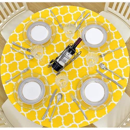 Couleur Bande Jaune Taille 90-110cm Nappe De Table Ronde En Plastique Vinyle, Support En Flanelle, Bord Élastique Imperméable, Protection De Table Pour Salle À Mangerure De Table