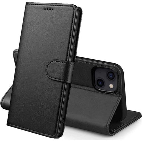 Coque Pour Iphone 13 Mini (5,4) - Portefeuille Noir Rabat Clapet Aimanté Rangement Cartes Phonillico®