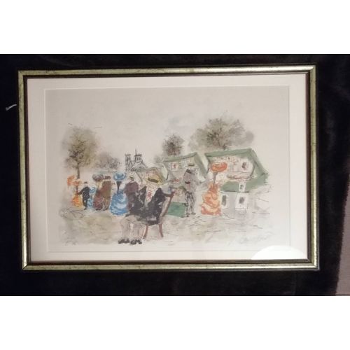 Lithographie Originale Bouquinistes Des Quais De La Seine De Urbain Huchet Signée Épreuve D'artiste