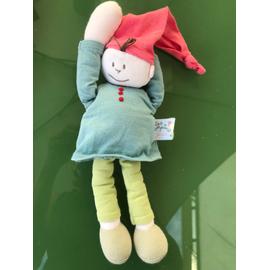 Doudou lutin JACADI vert bleu bonnet rouge 36 cm - SOS doudou