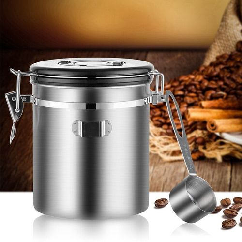 Boîte à café hermétique en acier inoxydable, avec cuillère, ensemble de rangement pour café, grains, thé
