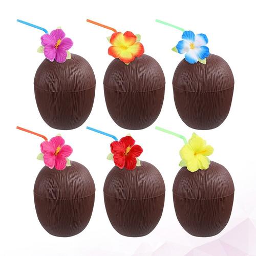 2/6pcs Coco Tasses Hawaii Fête Gobelet De Boisson Portable Tasses Plage Accessoires De Fête Avec Fleur Pailles Pour La Barre De Fête De Plage