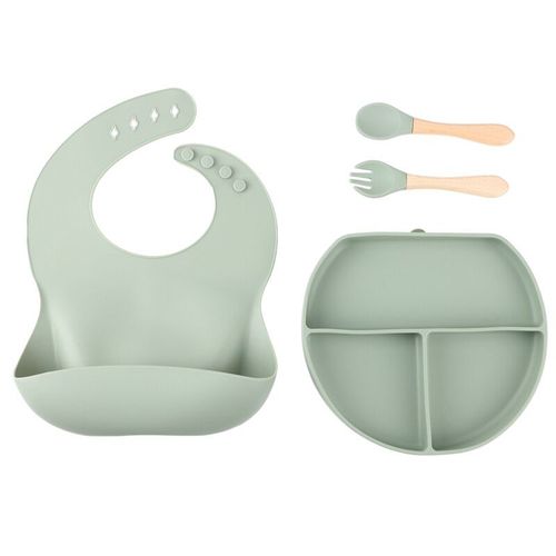 Ensemble d'alimentation pour bébé, assiette divisée en Silicone avec aspiration, bavoir réglable, cuillère, fourchette pour enfants, ensemble d'auto-alimentation pour bébé