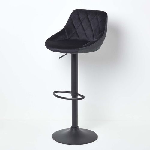 Tabouret De Bar Réglable En Hauteur Henley En Velours Et Pieds En Métal Noir Avec Dossier, Tabouret Haut Ou Chaise De Bar, Coloris Noir