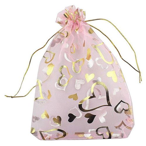 Sacs En Organza Rose Imprimé C¿Ur, 100 Pièces, 9x12cm, Pochettes Pour Bijoux, Cordon, Dragées De Mariage, Sacs Cadeaux Pour Bonbons