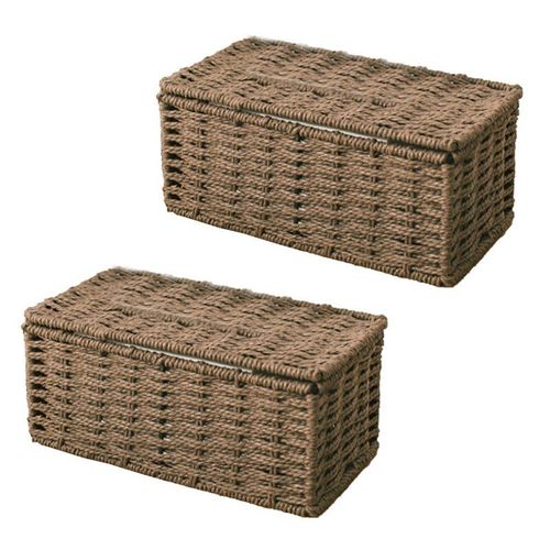 Boîte à mouchoirs en rotin 2 pièces, porte-serviette Vintage, couvercle de conteneur de rangement de l'encombrement de l'étui, décoration de bureau du salon (café)