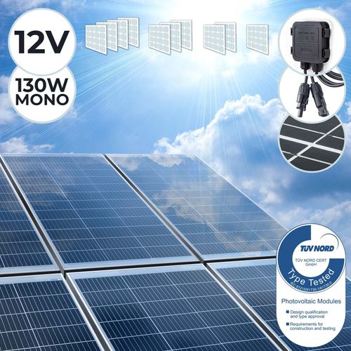 Panneau Solaire Monocristallin - Photovoltaïque, Silicium, 130 W, Câble avec Connecteur MC4, Batterie de 12 V - Module Solaire pour Camping-Car, Caravane, Bateau, Yacht, Jardin