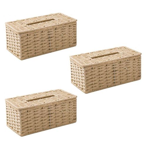 Boîte à mouchoirs en rotin New-3X, porte-serviette Vintage, couvercle de conteneur de rangement de l'encombrement de l'étui, décoration de bureau du salon (Beige)