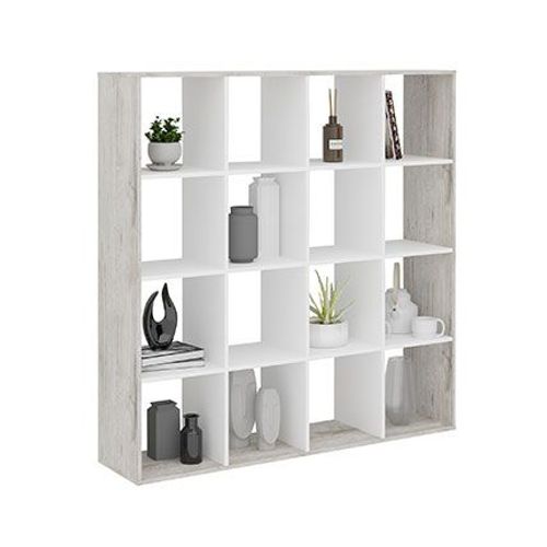 Etagère 16 Niches 138,5x33x143 Cm Décor Chêne Gris Et Blanc