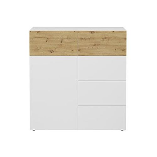 Buffet 1 Porte 4 Tiroirs Décor Blanc Et Chêne - Kutky
