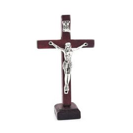 Crucifix de croix de jésus catholique en bois avec support décor de table de prière religieuse