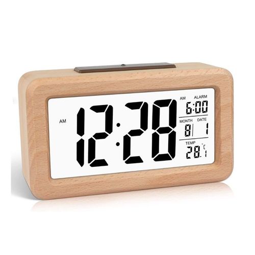 Réveil numérique en bois, avec rétro-éclairage, sans indication de température, Date, Snooze