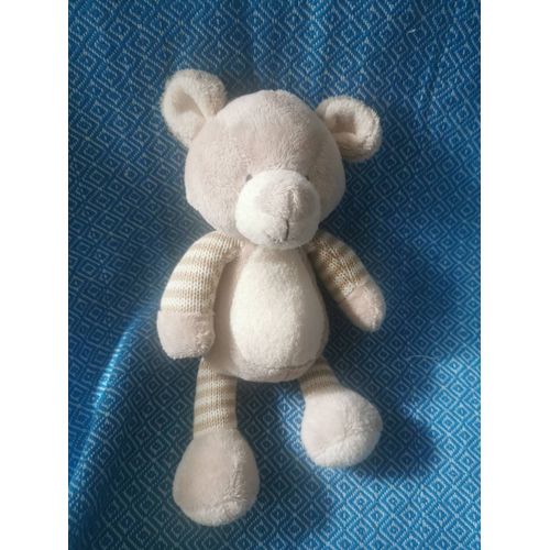 Doudou Peluche Ours Beige Ecru Rayés Tricot Billes France Gift