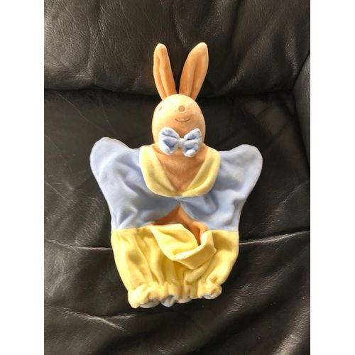 Doudou Plat Marionnette Lapin Bleu Jaune Nounours