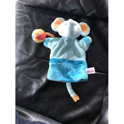Doudou Pommette Marionnette Elephant Bleu Orange Balle 